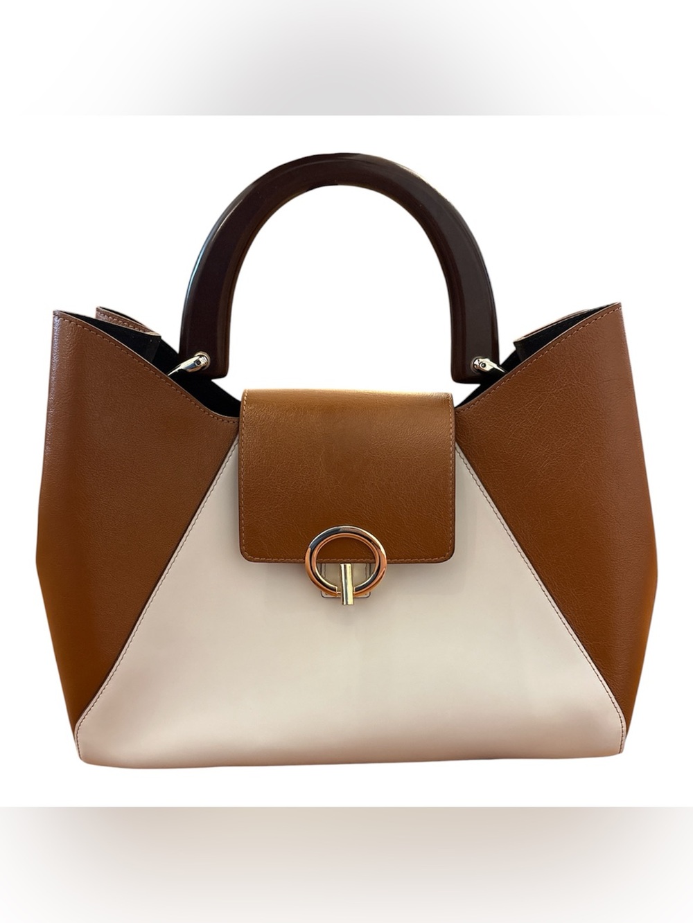 Claudia Firenze Italian Leather Bag Brown & Cream Wood Handle Luxe Handbag
